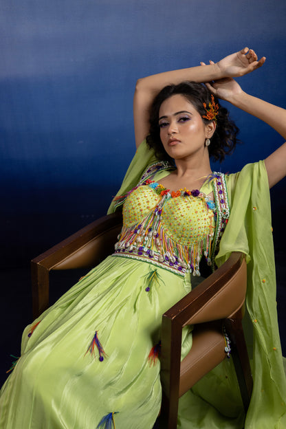 Lime Draped Skirt Set with Cowrie Shell Handwork and Organza Shrug
