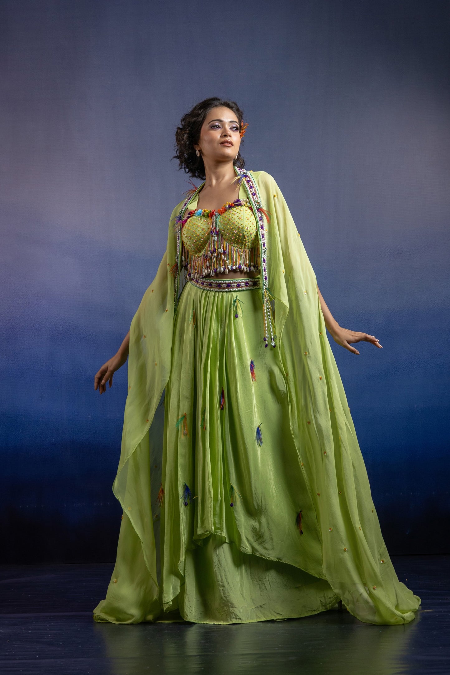 Lime Draped Skirt Set with Cowrie Shell Handwork and Organza Shrug