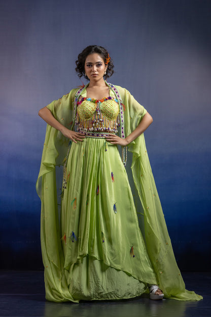 Lime Draped Skirt Set with Cowrie Shell Handwork and Organza Shrug
