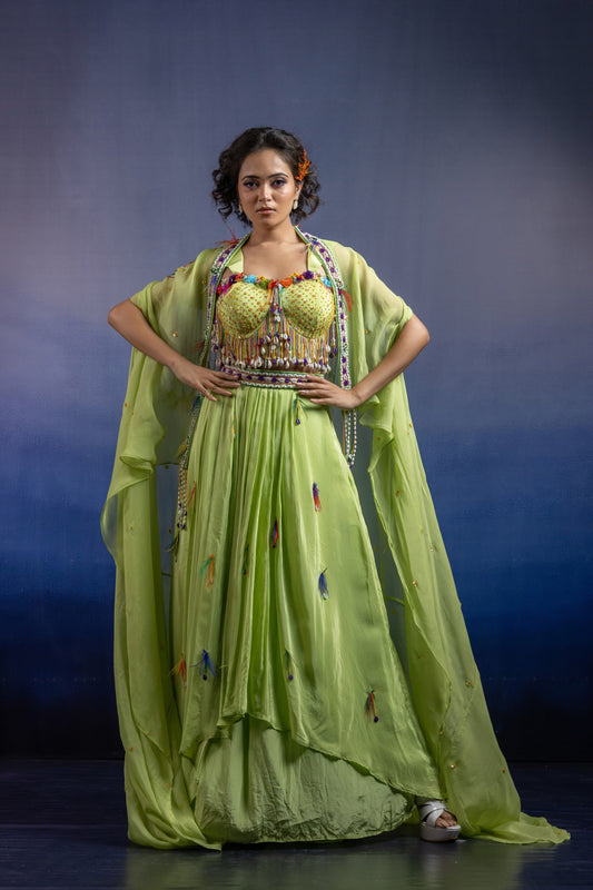 Lime Draped Skirt Set with Cowrie Shell Handwork and Organza Shrug