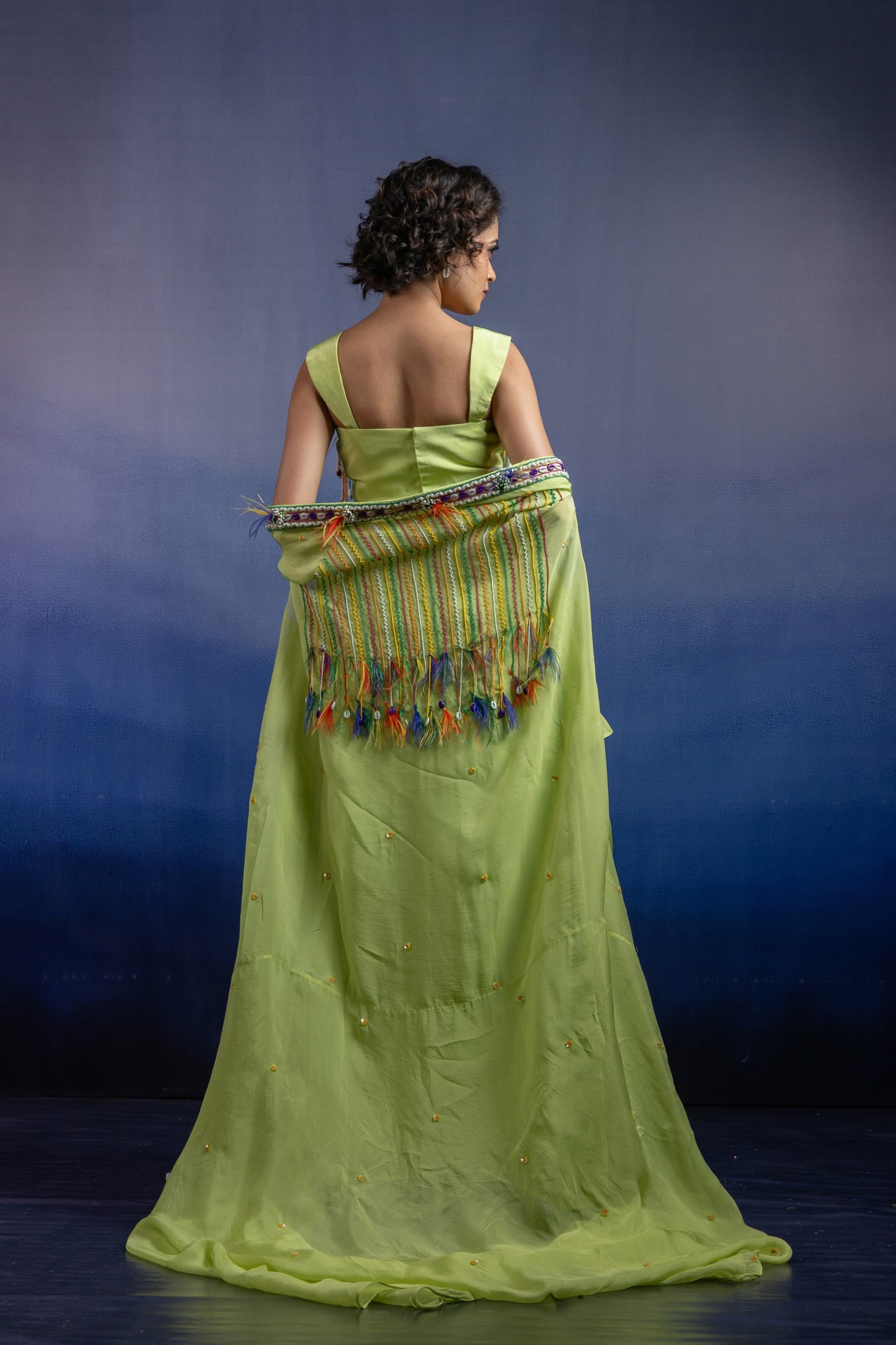 Lime Draped Skirt Set with Cowrie Shell Handwork and Organza Shrug