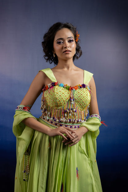 Lime Draped Skirt Set with Cowrie Shell Handwork and Organza Shrug