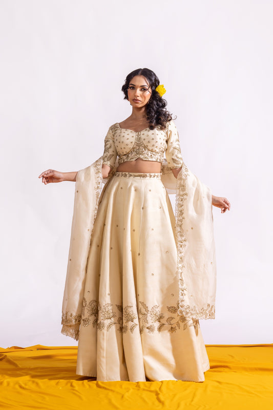 Sitarah Ivory Zardozi Raw Silk Lehenga Set with Pure Organza Silk Dupatta