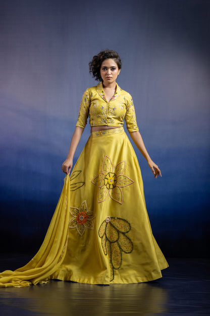 Keya Lime Green Silk Collared Carnival Lehenga Set
