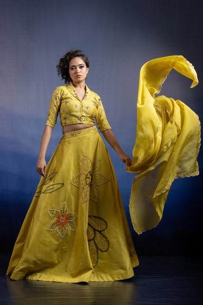 Keya Lime Green Silk Collared Carnival Lehenga Set