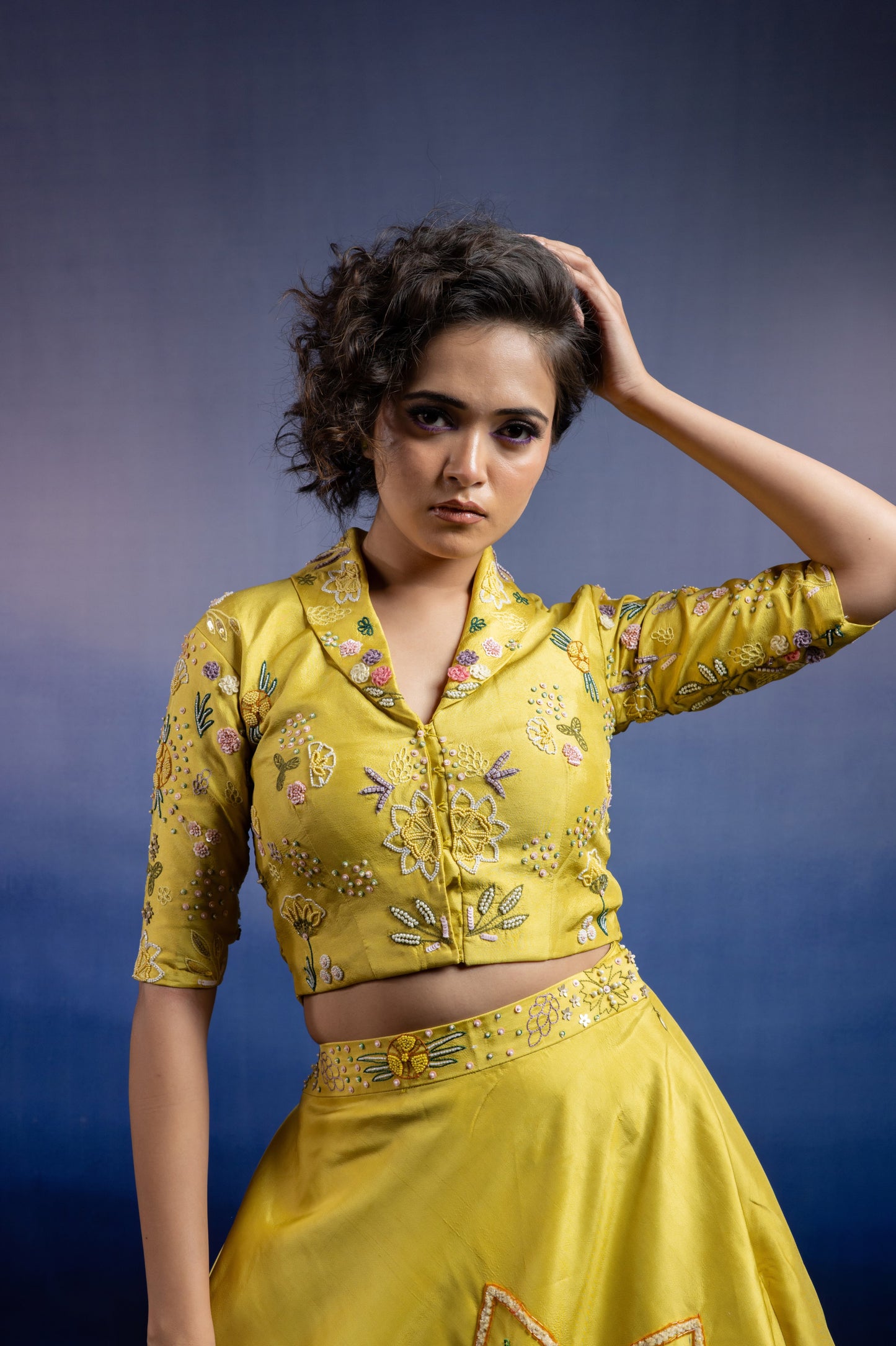 Keya Lime Green Silk Collared Carnival Lehenga Set