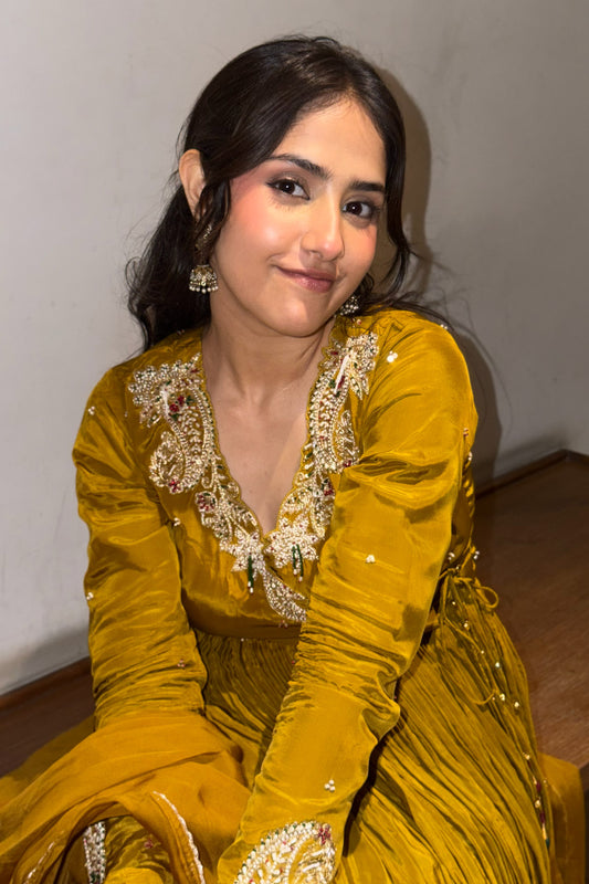 Angrakha Anarkali Set — Zardozi & Pitta Hand-Embroidered Natural Crepe Gown in Pirate Gold
