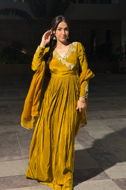 Angrakha Anarkali Set — Zardozi & Pitta Hand-Embroidered Natural Crepe Gown in Pirate Gold