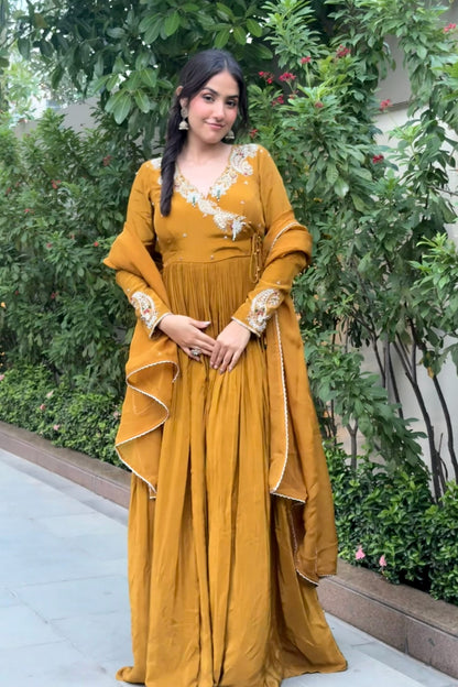 Angrakha Anarkali Set — Zardozi & Pitta Hand-Embroidered Natural Crepe Gown in Pirate Gold