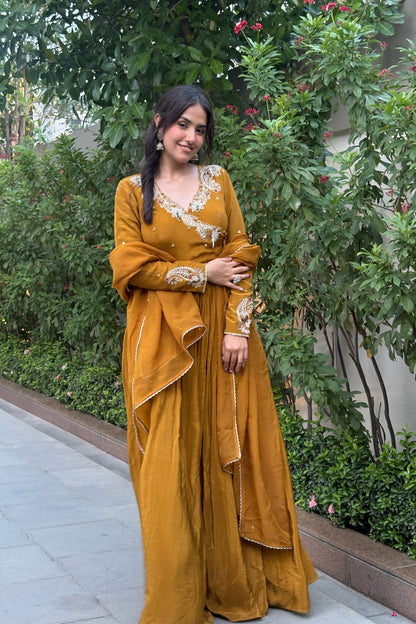 Angrakha Anarkali Set — Zardozi & Pitta Hand-Embroidered Natural Crepe Gown in Pirate Gold