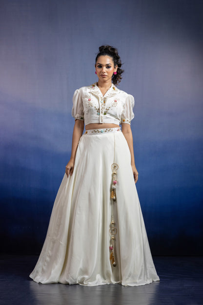 Tara Ivory Hand-Embroidered Uppada Silk Collared Lehenga Set