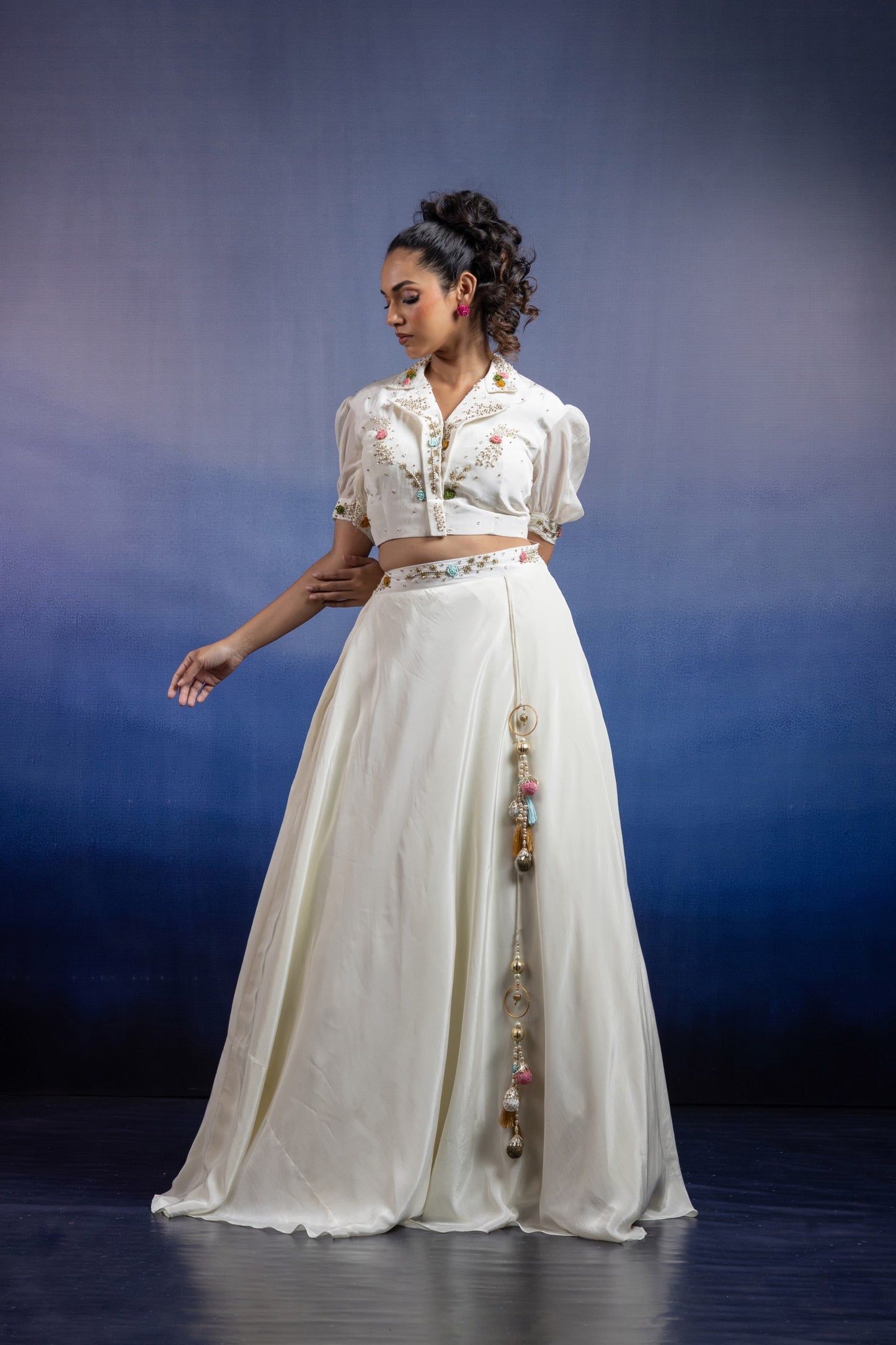 Tara Ivory Hand-Embroidered Uppada Silk Collared Lehenga Set
