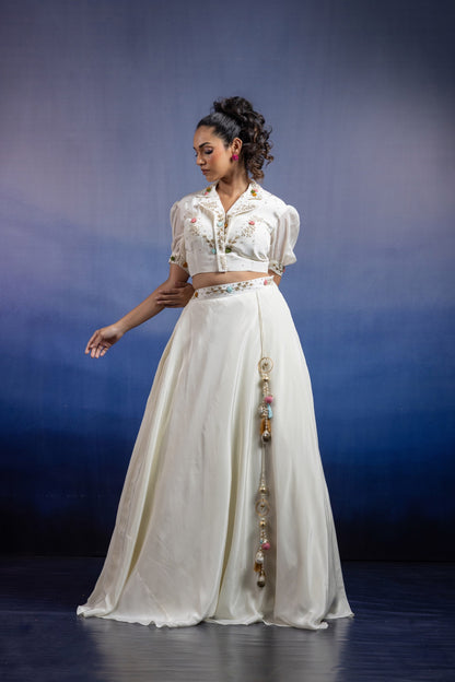 Tara Ivory Hand-Embroidered Uppada Silk Collared Lehenga Set