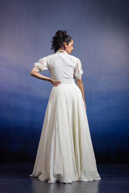 Tara Ivory Hand-Embroidered Uppada Silk Collared Lehenga Set