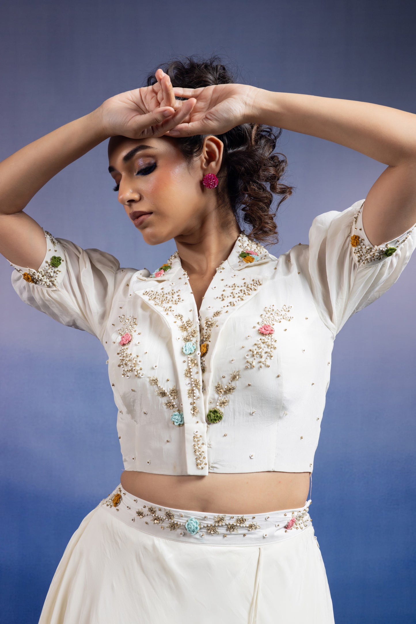 Tara Ivory Hand-Embroidered Uppada Silk Collared Lehenga Set