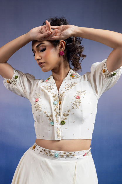 Tara Ivory Hand-Embroidered Uppada Silk Collared Lehenga Set