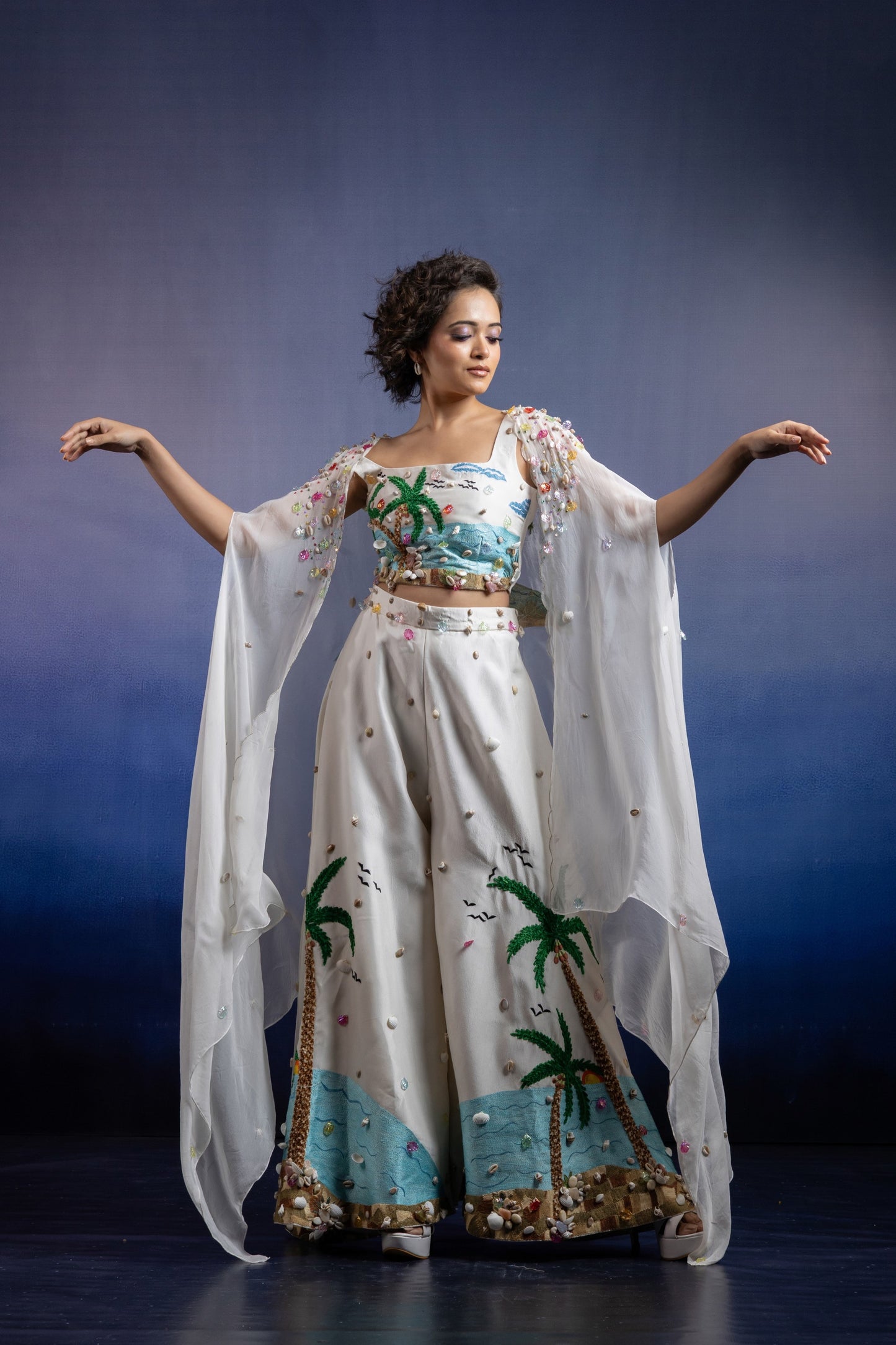 Neerah Three-Piece Co-ord Set — Hand-Embroidered Uppada Silk Palazzo & Organza Cape in Off-White