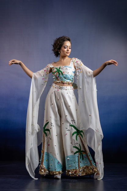 Neerah Three-Piece Co-ord Set — Hand-Embroidered Uppada Silk Palazzo & Organza Cape in Off-White