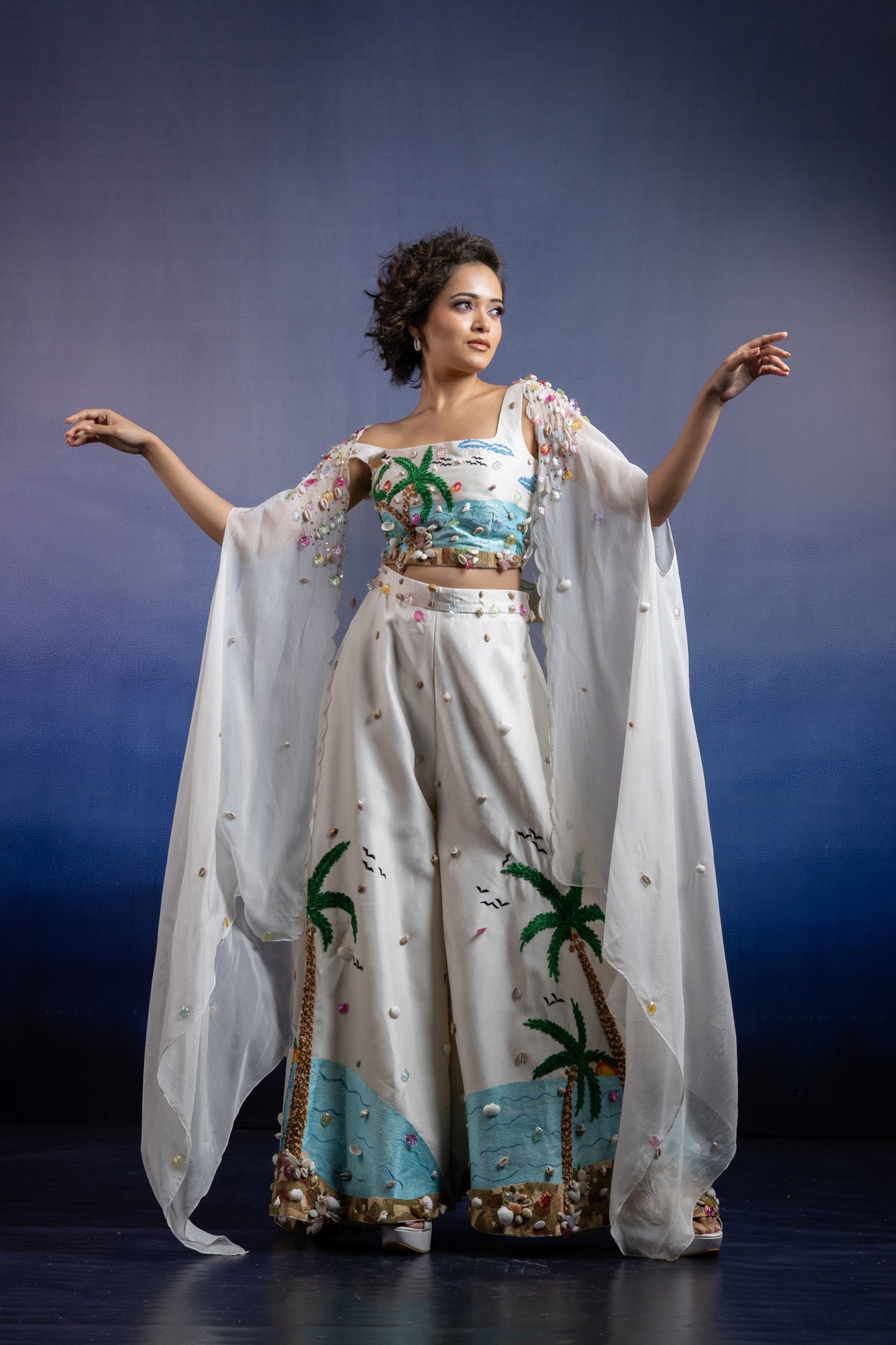 Neerah Three-Piece Co-ord Set — Hand-Embroidered Uppada Silk Palazzo & Organza Cape in Off-White