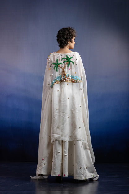 Neerah Three-Piece Co-ord Set — Hand-Embroidered Uppada Silk Palazzo & Organza Cape in Off-White