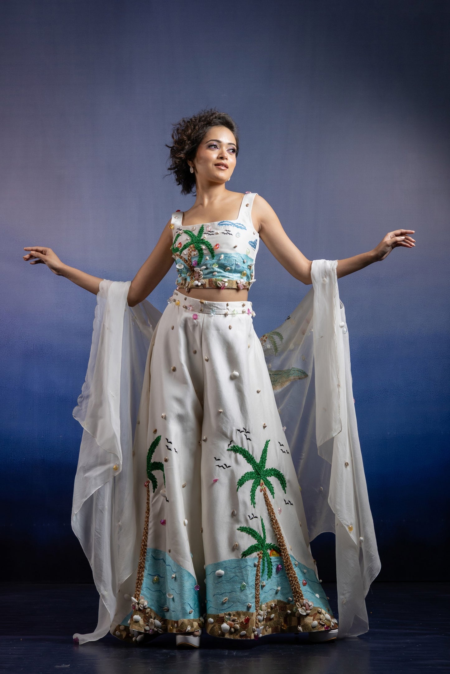 Neerah Three-Piece Co-ord Set — Hand-Embroidered Uppada Silk Palazzo & Organza Cape in Off-White