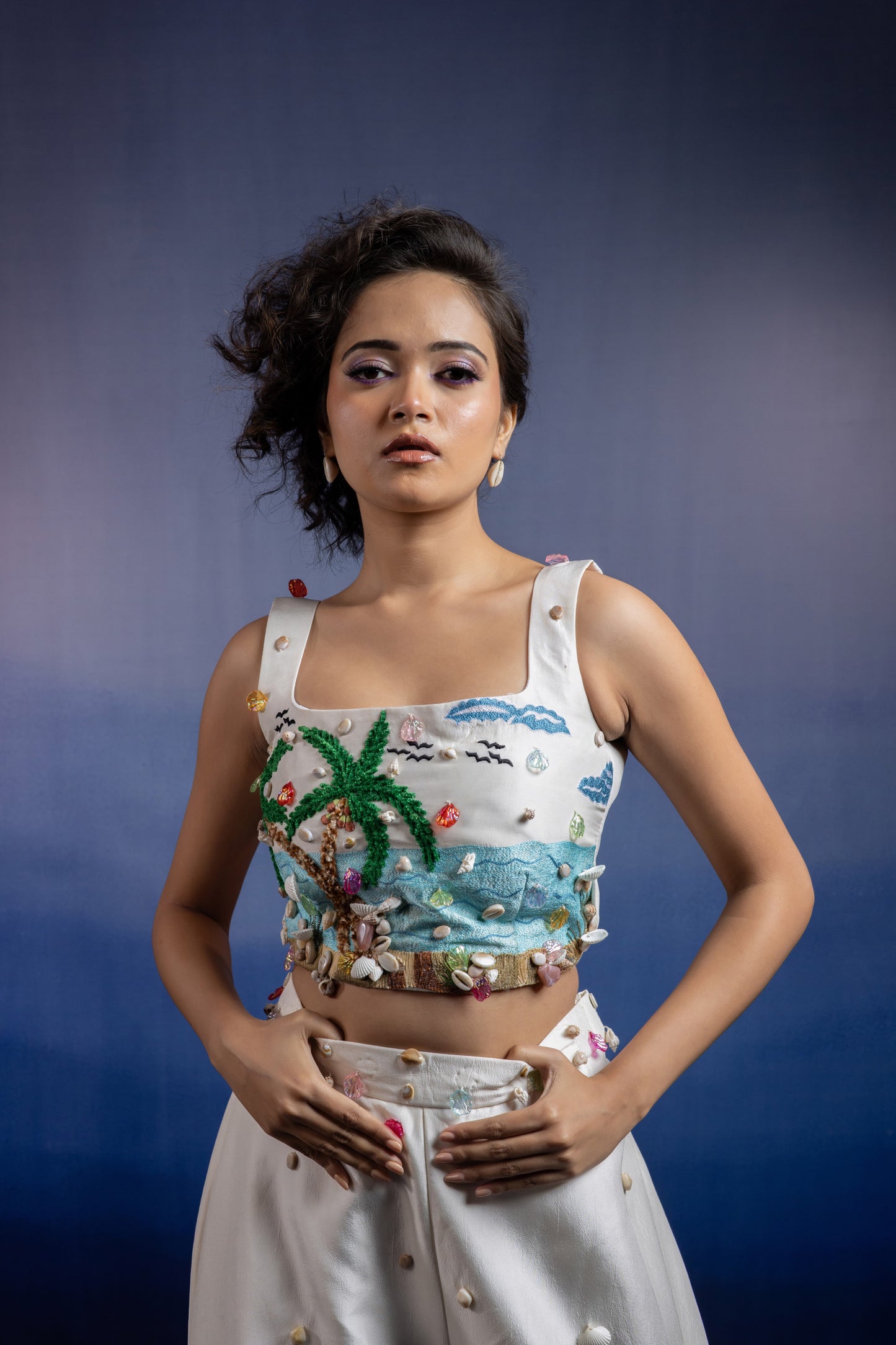 Neerah Three-Piece Co-ord Set — Hand-Embroidered Uppada Silk Palazzo & Organza Cape in Off-White