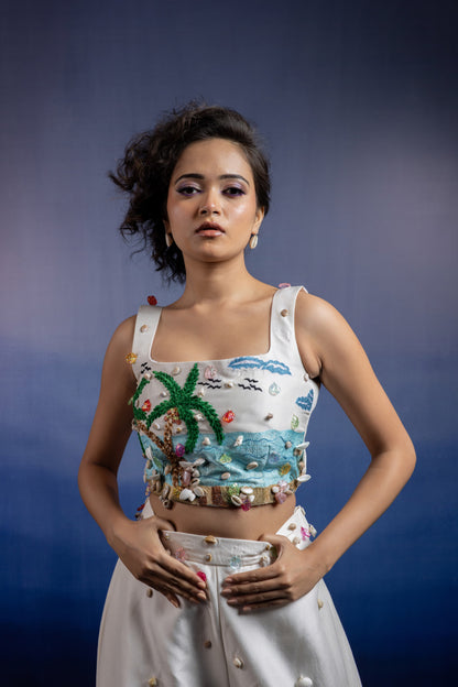 Neerah Three-Piece Co-ord Set — Hand-Embroidered Uppada Silk Palazzo & Organza Cape in Off-White