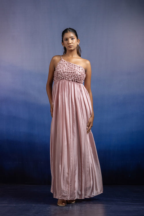 Nyra One-Shoulder Pleated Gown — Floor-Length Bemberg Satin Gown in Light Onion Pink