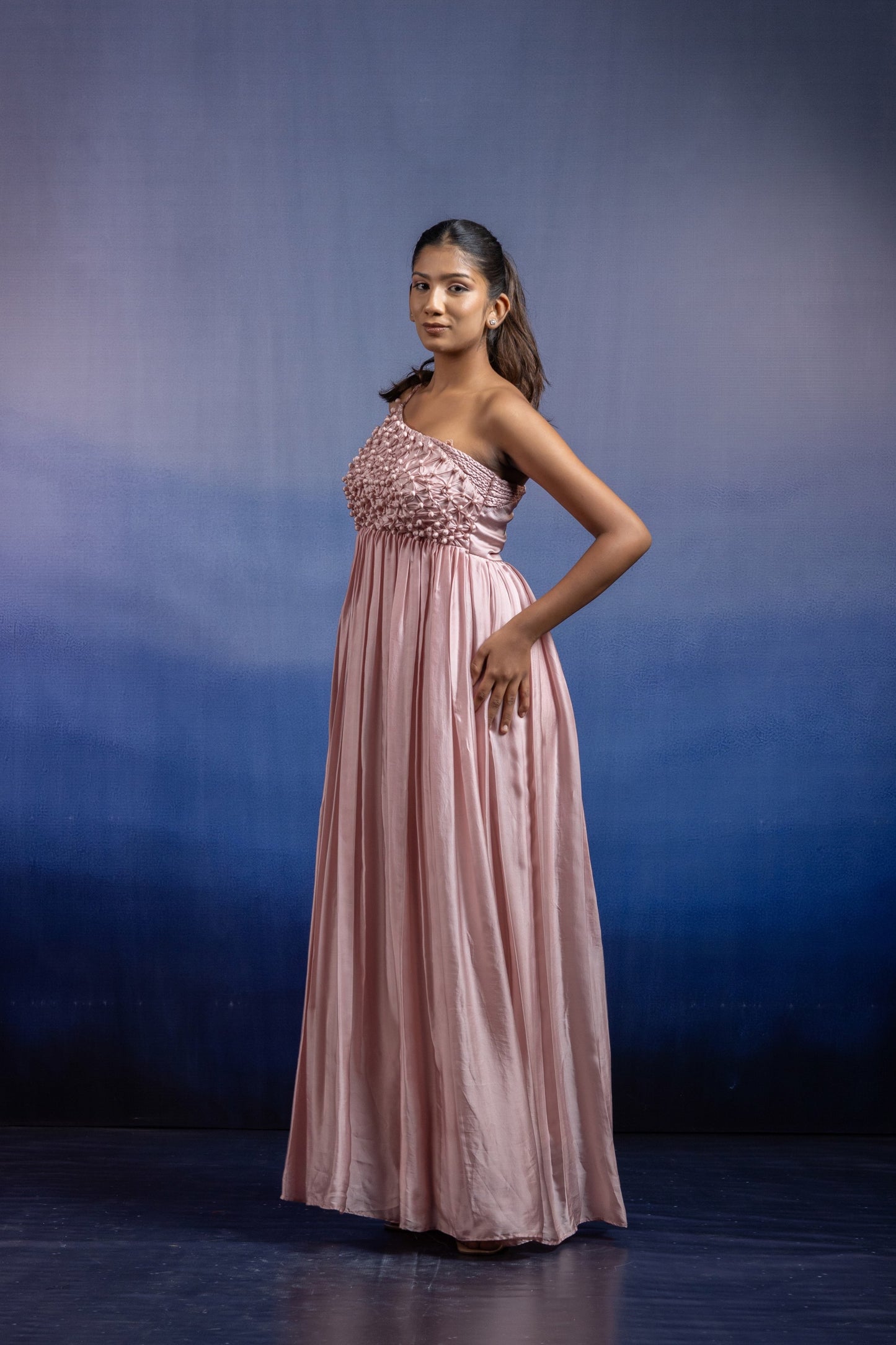 Nyra One-Shoulder Pleated Gown — Floor-Length Bemberg Satin Gown in Light Onion Pink