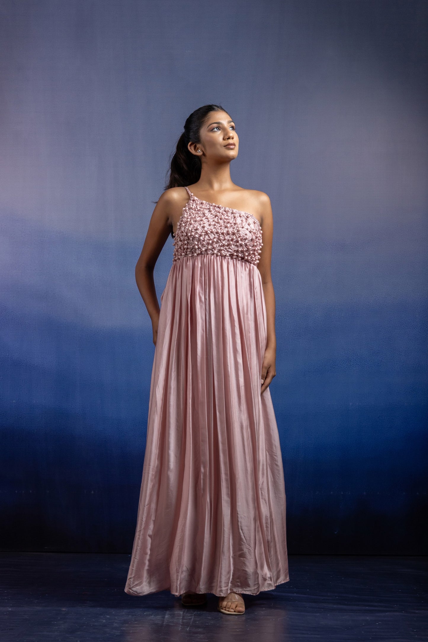 Nyra One-Shoulder Pleated Gown — Floor-Length Bemberg Satin Gown in Light Onion Pink