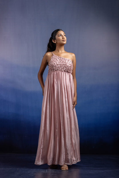 Nyra One-Shoulder Pleated Gown — Floor-Length Bemberg Satin Gown in Light Onion Pink