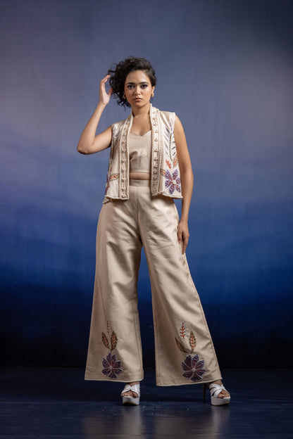 Neerah Three-Piece Jacket Set — Appliqué Raw Silk Vest & Uppada Silk Palazzo in Light Beige
