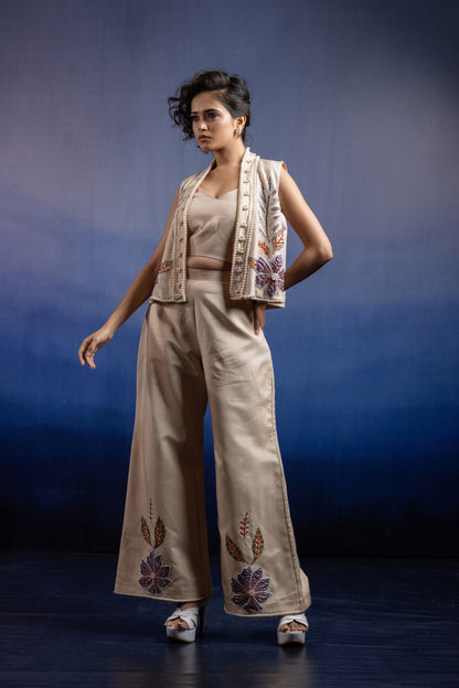 Neerah Three-Piece Jacket Set — Appliqué Raw Silk Vest & Uppada Silk Palazzo in Light Beige