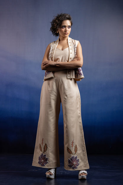 Neerah Three-Piece Jacket Set — Appliqué Raw Silk Vest & Uppada Silk Palazzo in Light Beige