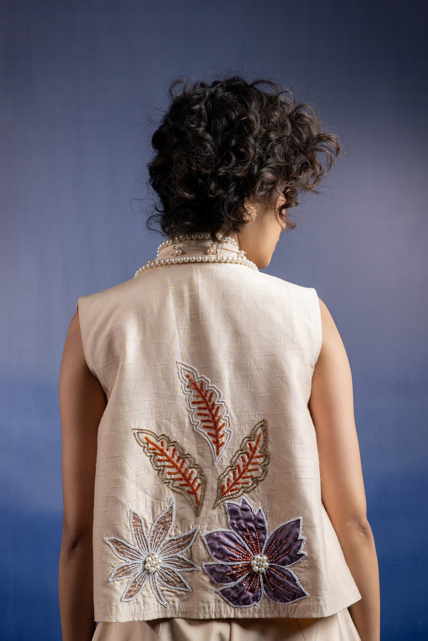 Neerah Three-Piece Jacket Set — Appliqué Raw Silk Vest & Uppada Silk Palazzo in Light Beige