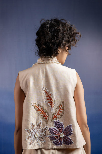 Neerah Three-Piece Jacket Set — Appliqué Raw Silk Vest & Uppada Silk Palazzo in Light Beige