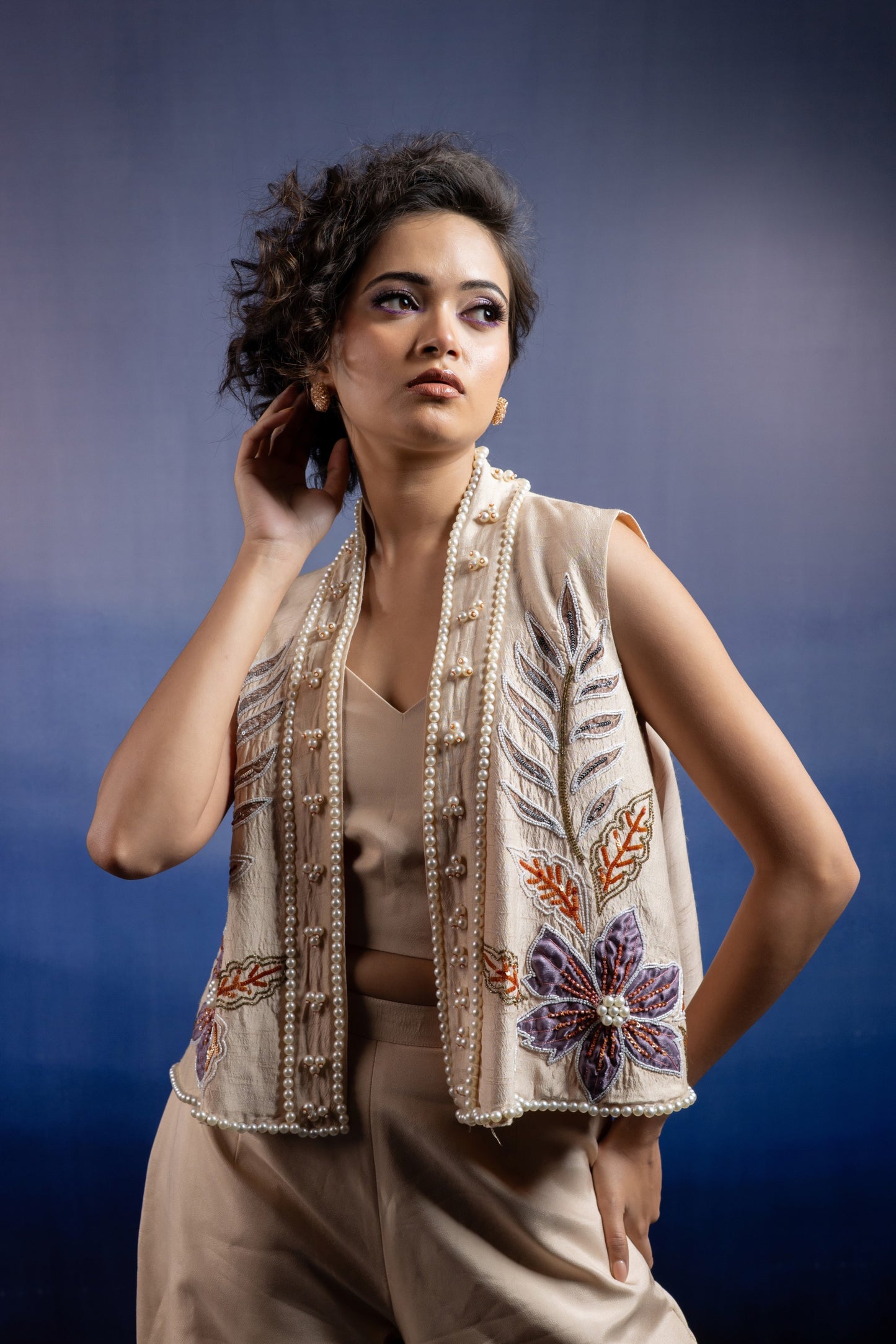 Neerah Three-Piece Jacket Set — Appliqué Raw Silk Vest & Uppada Silk Palazzo in Light Beige