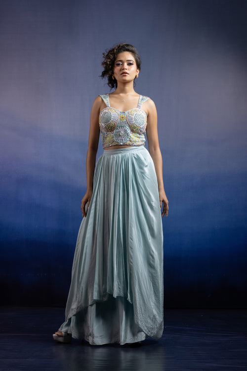 Neerah Draped Skirt Set — Embellished Corset Blouse & Crepe Draped Skirt in Powder Blue