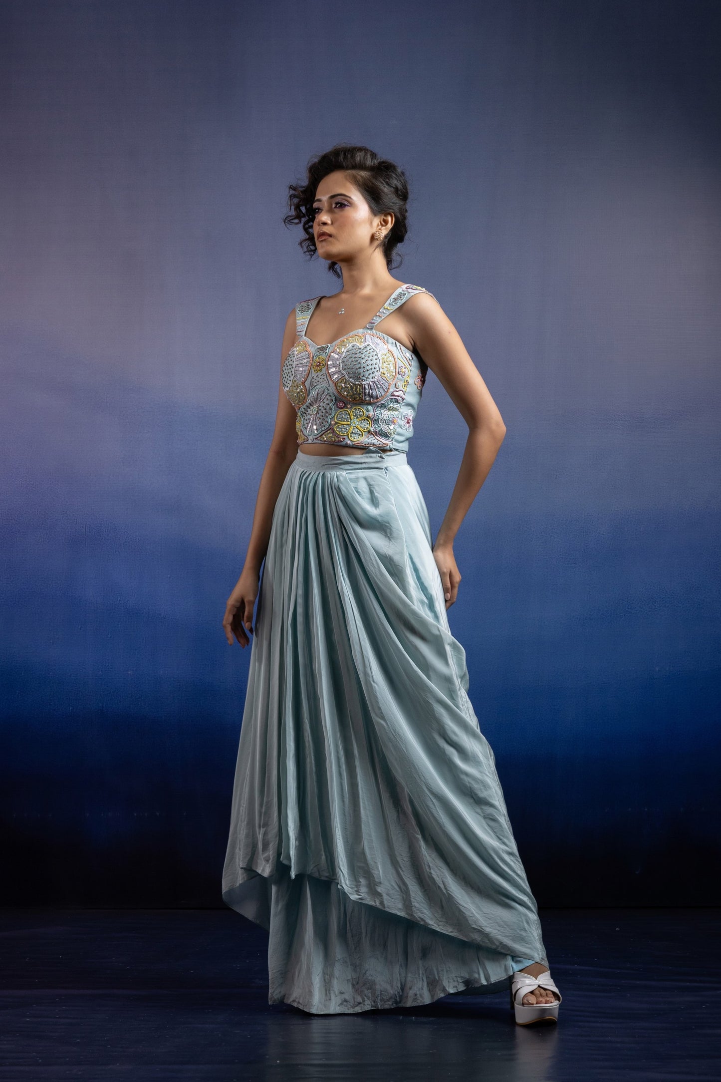 Neerah Draped Skirt Set — Embellished Corset Blouse & Crepe Draped Skirt in Powder Blue