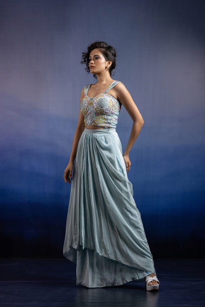 Neerah Draped Skirt Set — Embellished Corset Blouse & Crepe Draped Skirt in Powder Blue