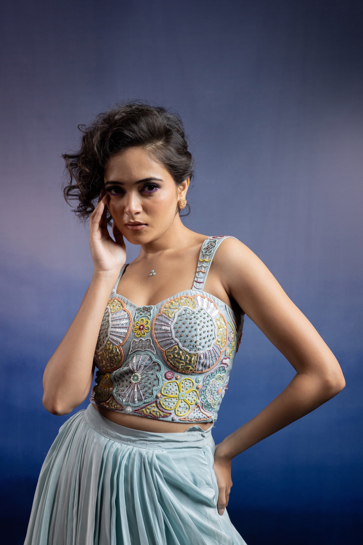 Neerah Draped Skirt Set — Embellished Corset Blouse & Crepe Draped Skirt in Powder Blue