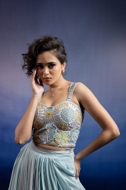 Neerah Draped Skirt Set — Embellished Corset Blouse & Crepe Draped Skirt in Powder Blue