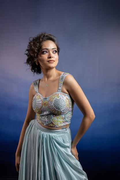 Neerah Draped Skirt Set — Embellished Corset Blouse & Crepe Draped Skirt in Powder Blue