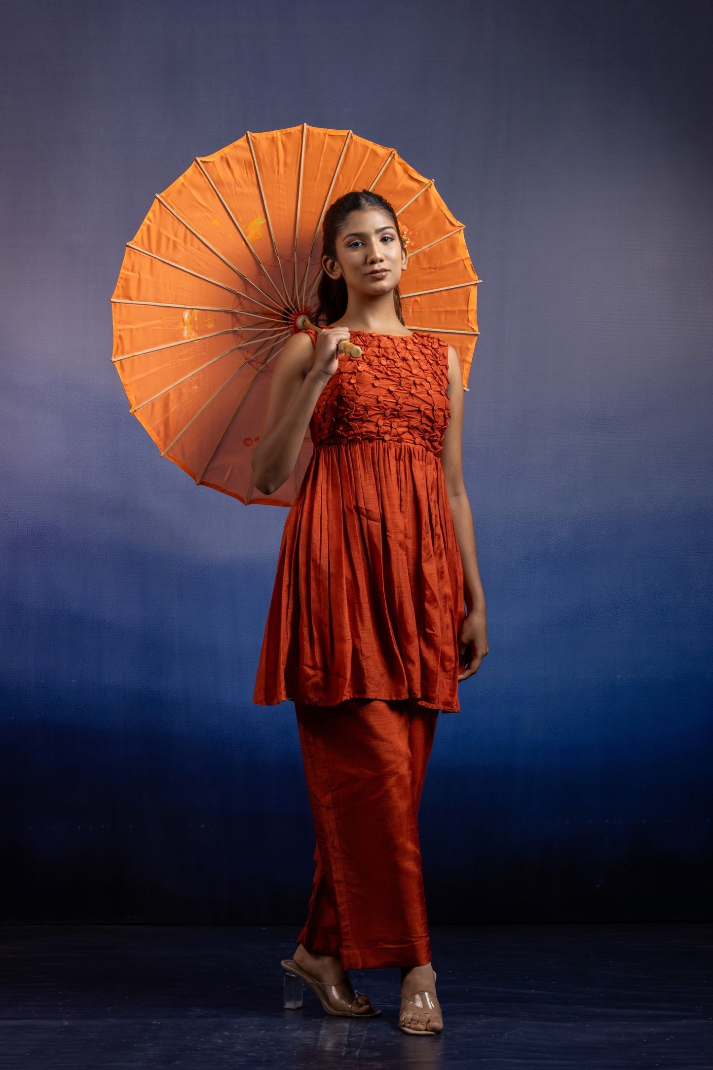 Tara Two-Piece Co-ord Set — Silk Tunic & Straight Pant in Burnt Orange