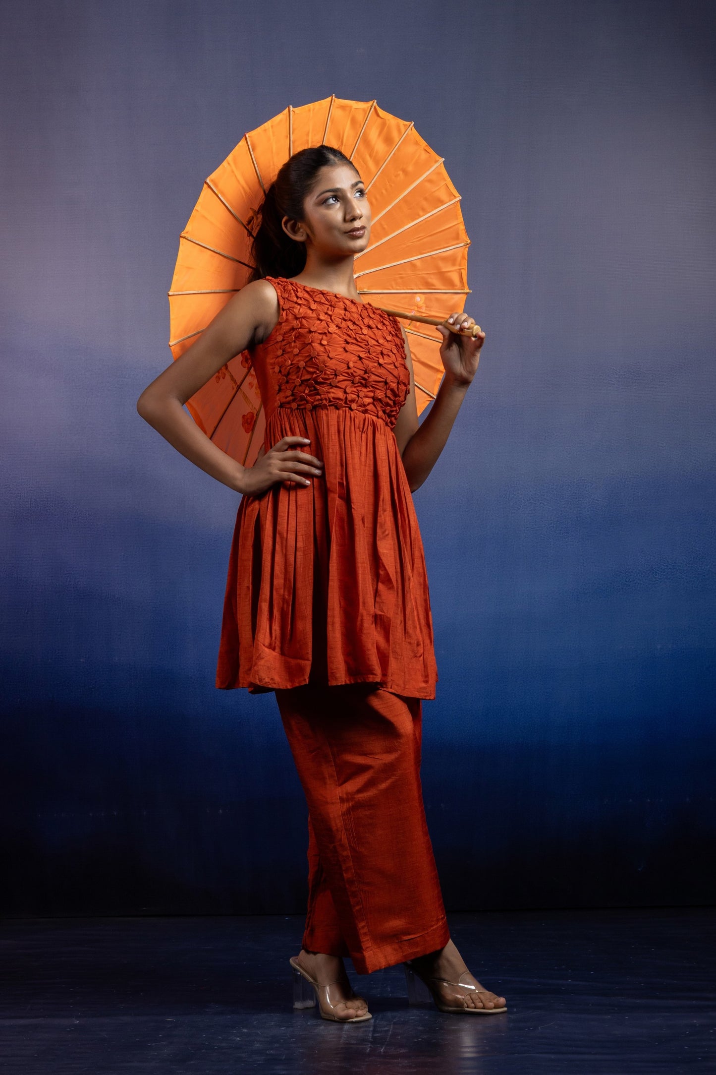 Tara Two-Piece Co-ord Set — Silk Tunic & Straight Pant in Burnt Orange