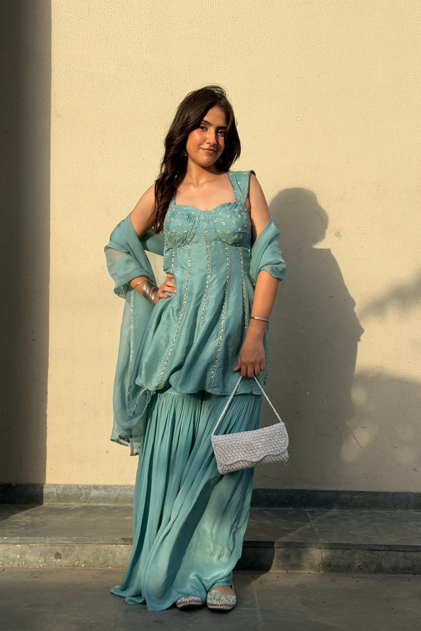 Cupped Kurti & Sharara Set — Hand-Embroidered Dola Silk Three-Piece Outfit with Organza Dupatta in Dusty Teal