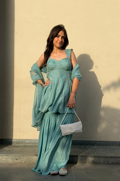 Cupped Kurti & Sharara Set — Hand-Embroidered Dola Silk Three-Piece Outfit with Organza Dupatta in Dusty Teal