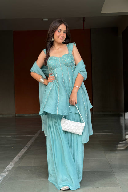 Cupped Kurti & Sharara Set — Hand-Embroidered Dola Silk Three-Piece Outfit with Organza Dupatta in Dusty Teal
