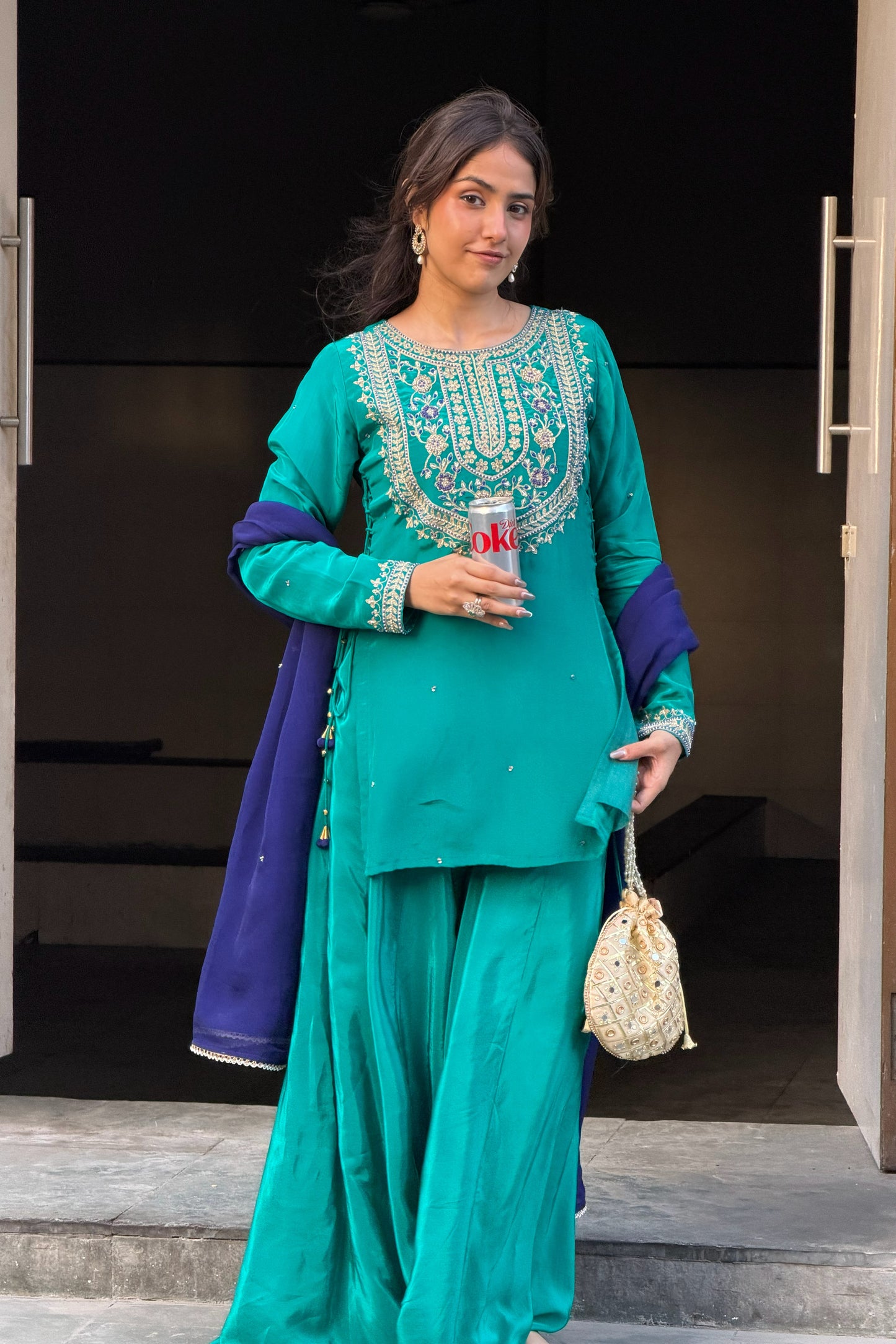 Embroidered Kurti & Palazzo Set — Natural Crepe Three-Piece Suit with Contrast Organza Dupatta in Teal Green-Aari