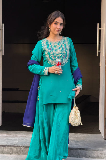 Embroidered Kurti & Palazzo Set — Natural Crepe Three-Piece Suit with Contrast Organza Dupatta in Teal Green-Aari